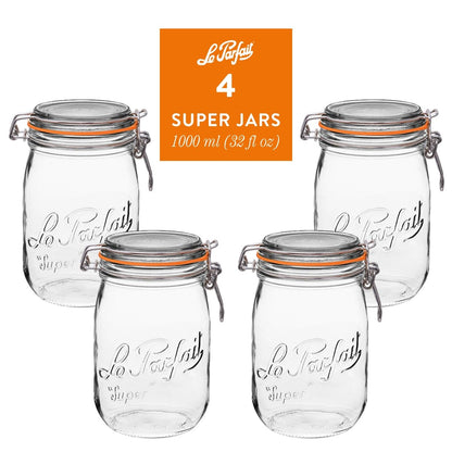 Le Parfait Super Jars, French Glass Canning Jars with Stainless Wire-Bail Clamp Lid