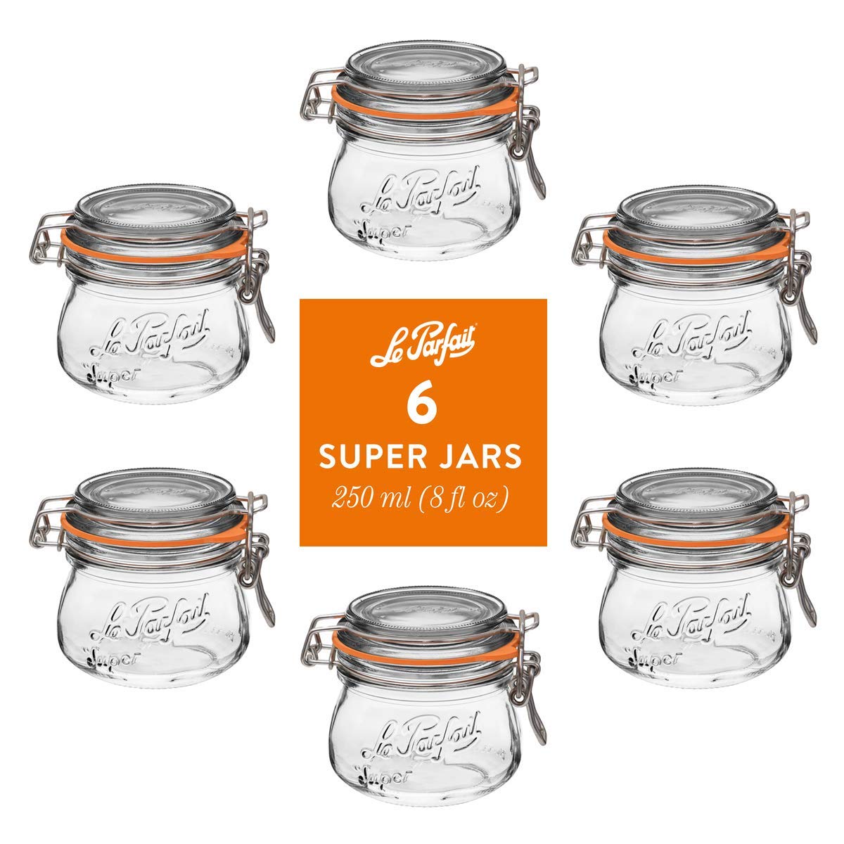 Le Parfait Super Jars, French Glass Canning Jars with Stainless Wire-Bail Clamp Lid
