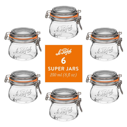 Le Parfait Super Jars, French Glass Canning Jars with Stainless Wire-Bail Clamp Lid