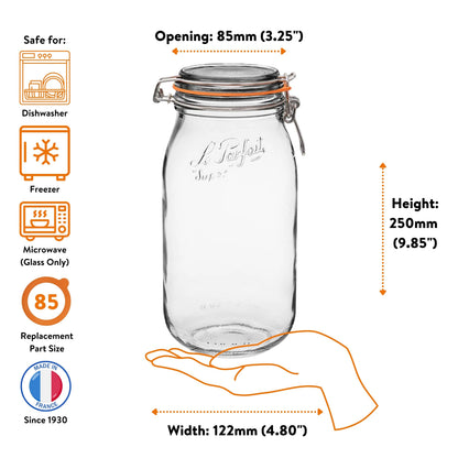 Le Parfait Super Jars, French Glass Canning Jars with Stainless Wire-Bail Clamp Lid