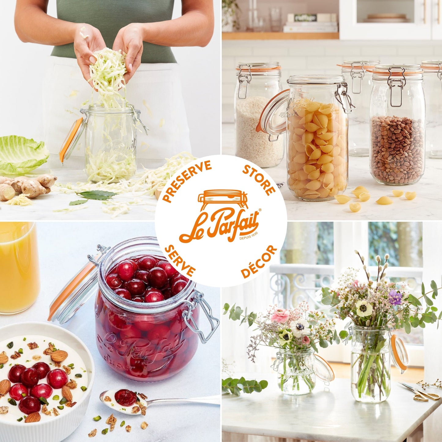 Le Parfait Super Jars, French Glass Canning Jars with Stainless Wire-Bail Clamp Lid