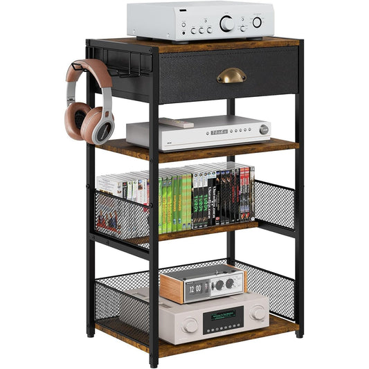 4-Tier Media Storage Tower with Drawer, Console Stand for PS5/Xbox/Switch