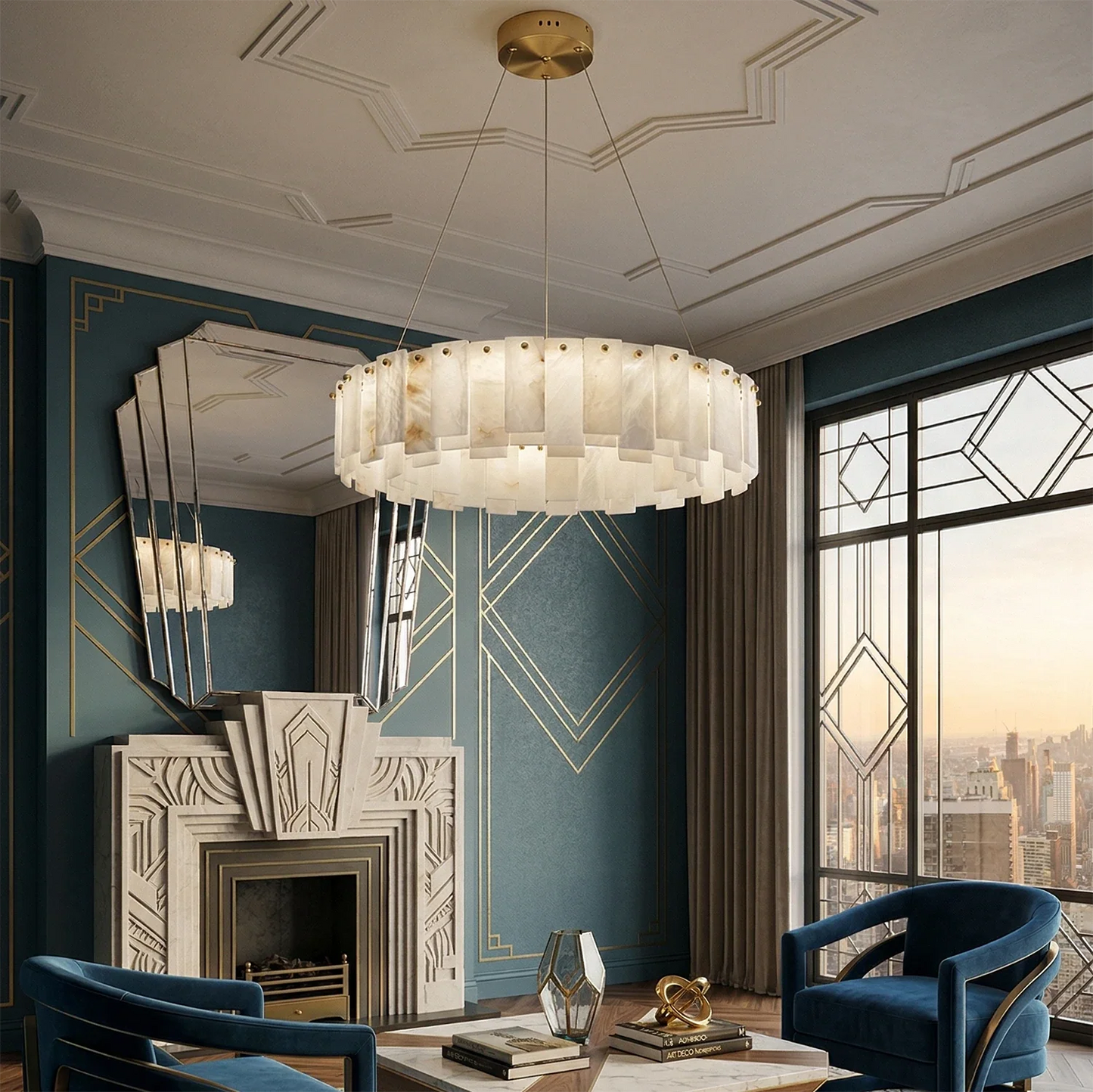 Modern Alabaster Celestial Round Chandelier