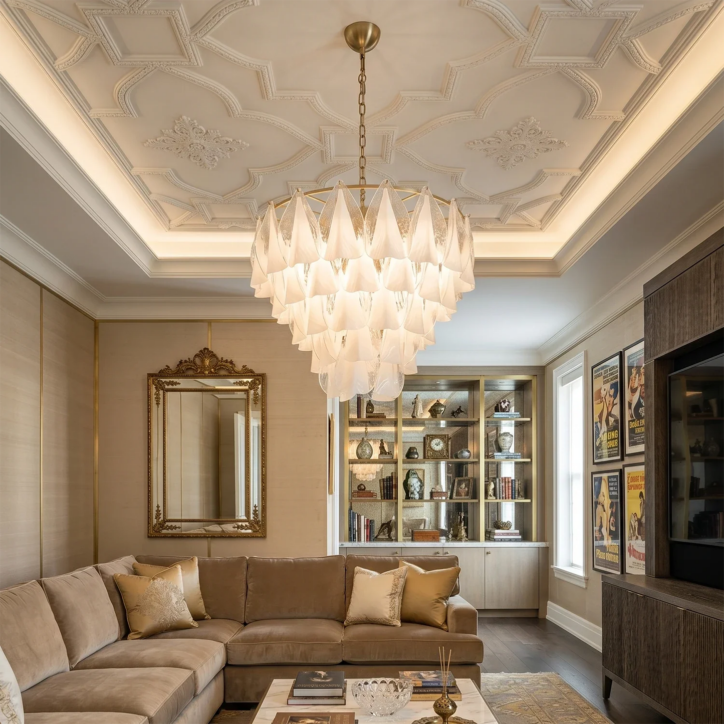 Modern Brass Tiered Glass Chandelier