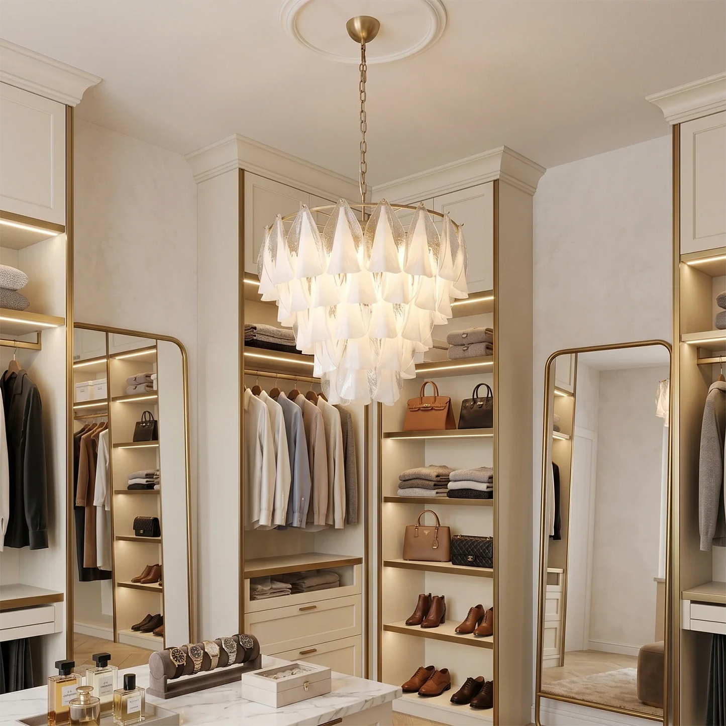 Modern Brass Tiered Glass Chandelier