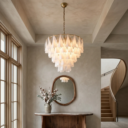Modern Brass Tiered Glass Chandelier