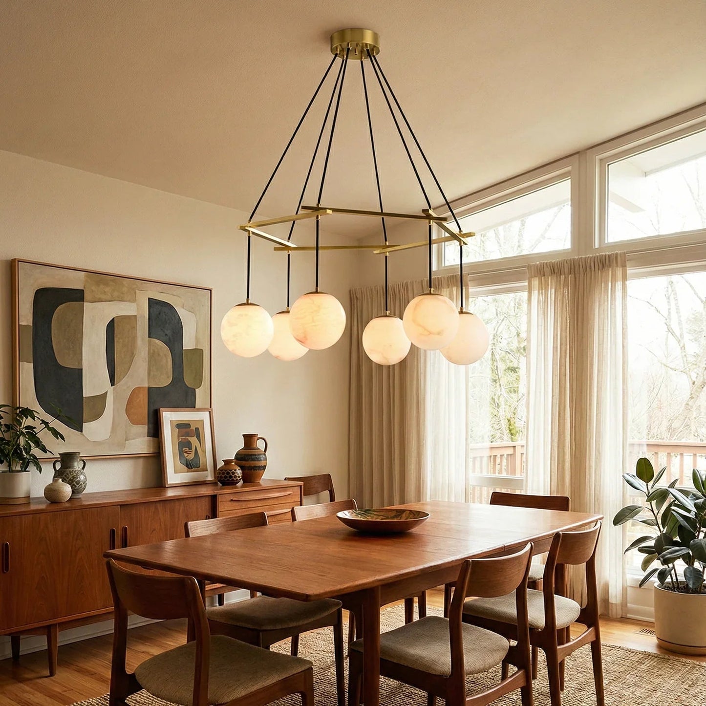 Modern Geometric Alabaster Sphere Chandelier