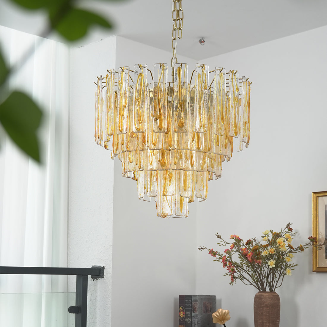 Murano Style Amber Glass Tiered Chandelier