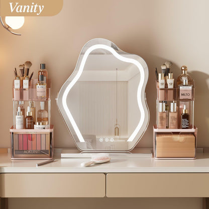 Delamu 3-Tier Makeup Organizer with Drawers & 6-Grid Top Pink Vanity Storage