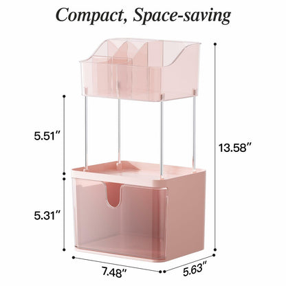 Delamu 3-Tier Makeup Organizer with Drawers & 6-Grid Top Pink Vanity Storage