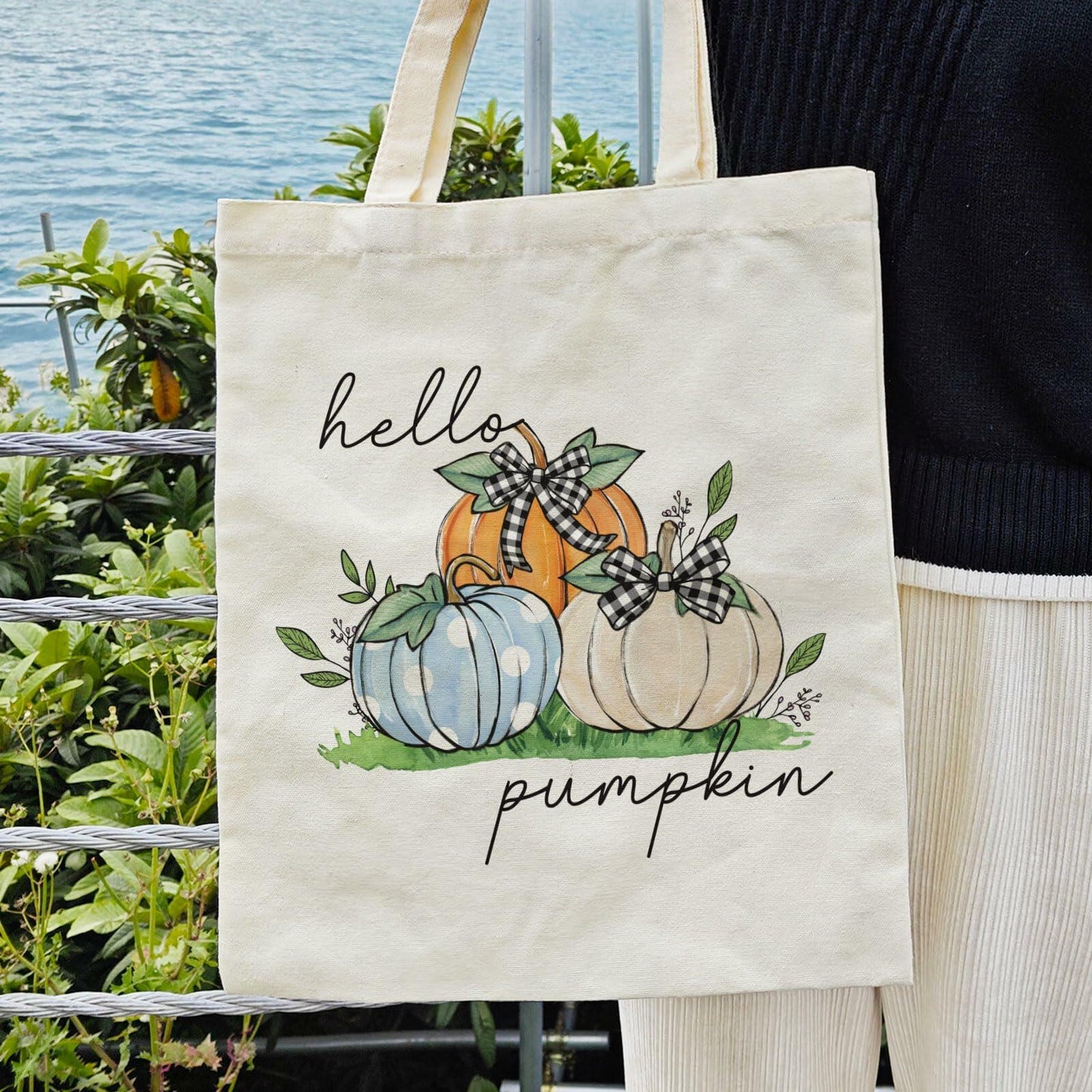 Dlzdn Fall Pumpkin Canvas Tote Bag Reusable Grocery Beach Bag Off-white One Size
