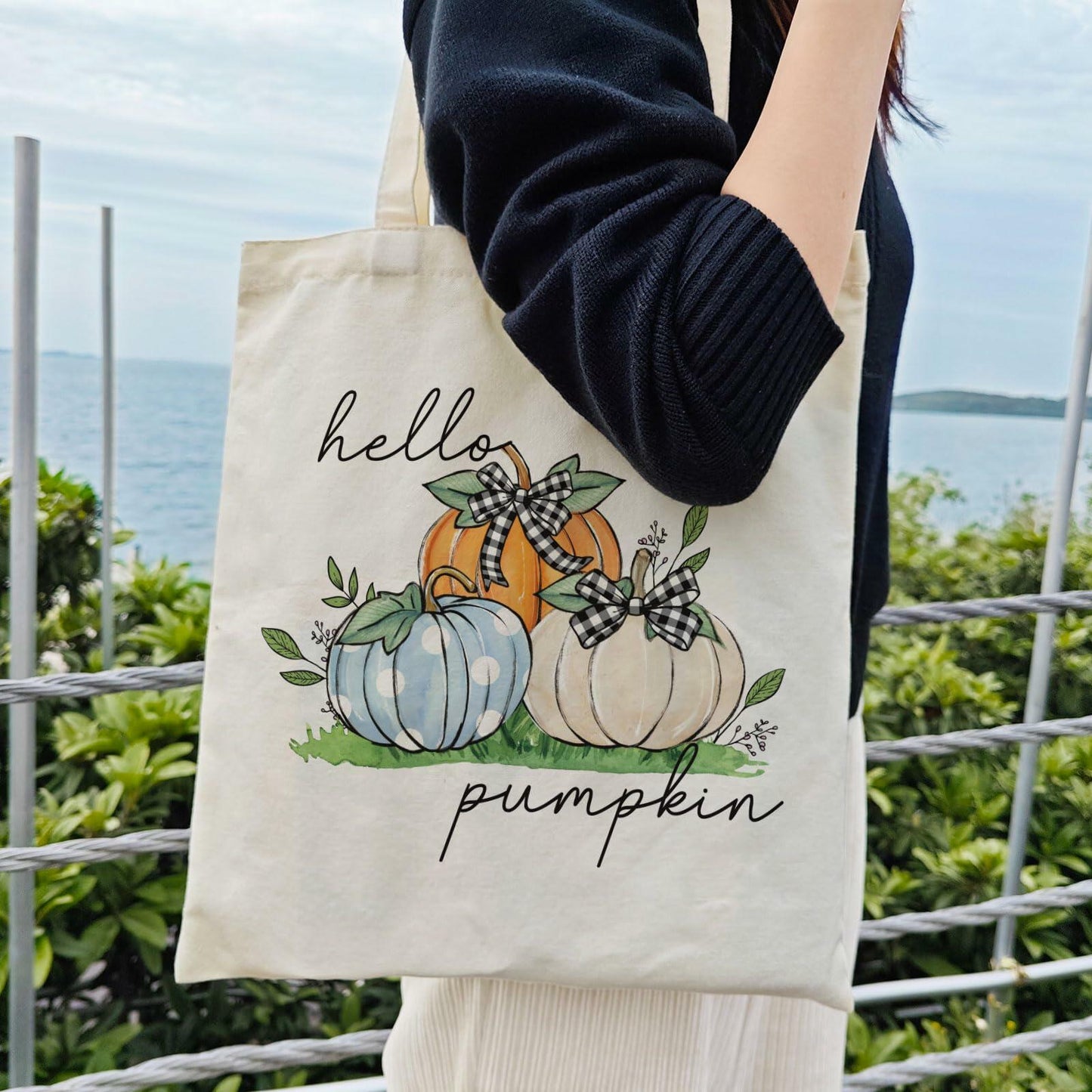 Dlzdn Fall Pumpkin Canvas Tote Bag Reusable Grocery Beach Bag Off-white One Size