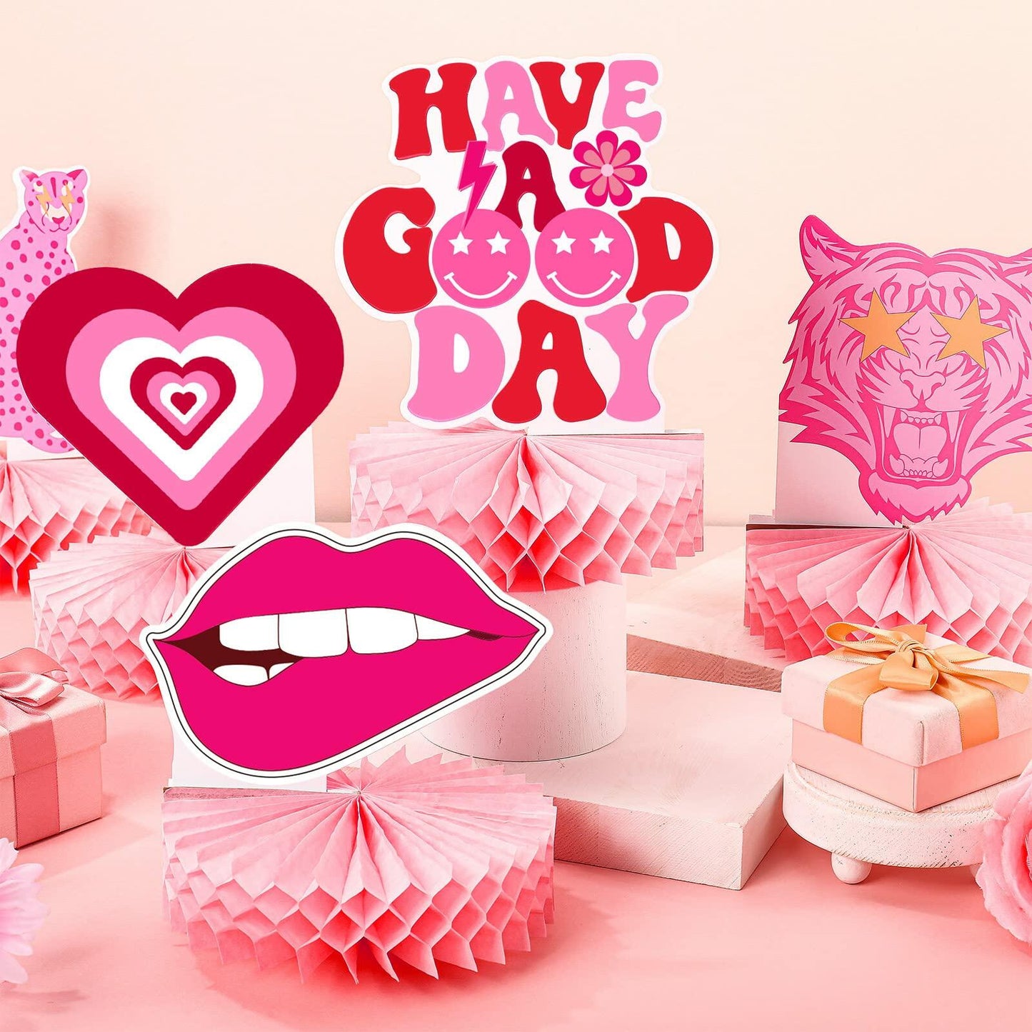 Sinmoe 9pcs Hot Pink Preppy Honeycomb Table Centerpiece Party Decor