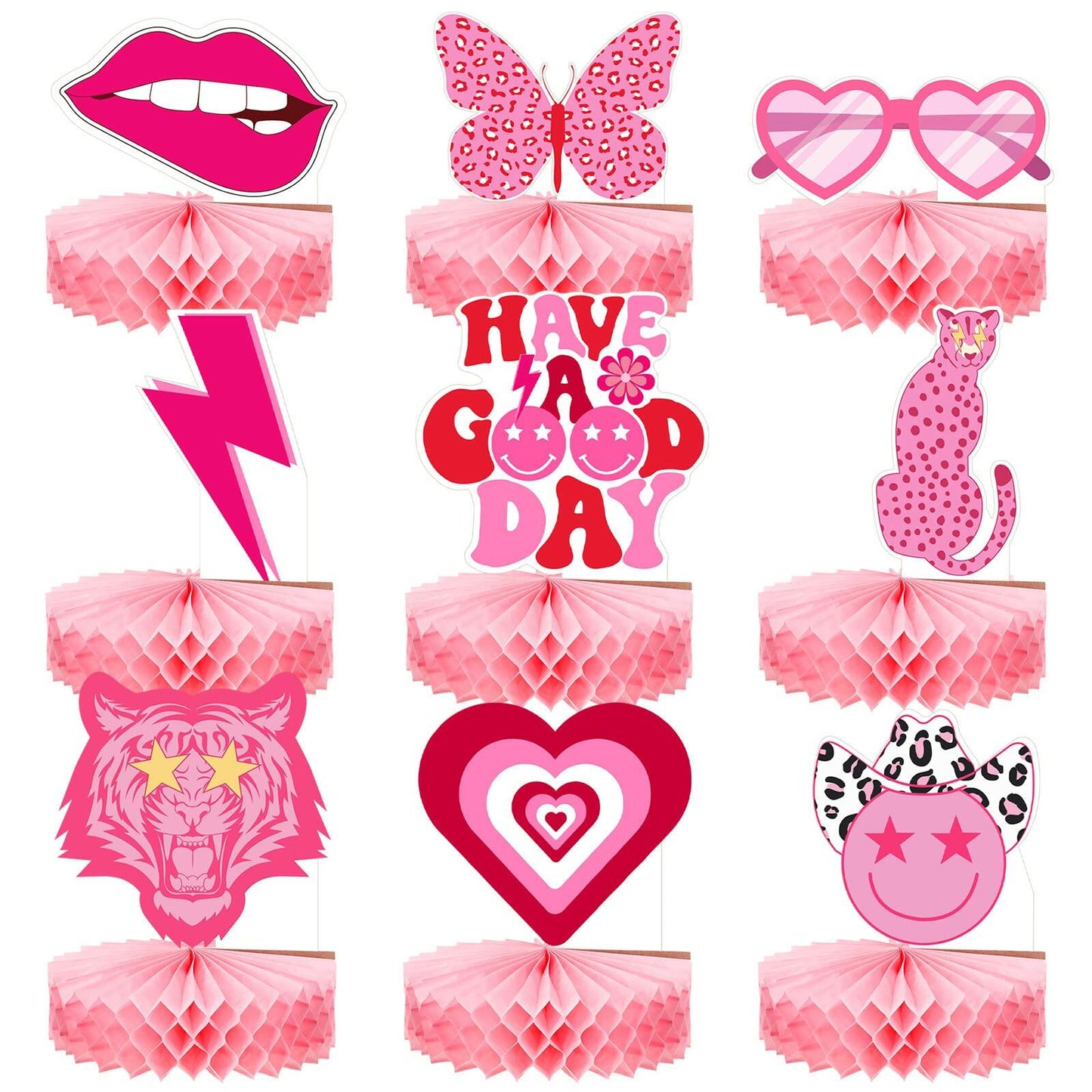 Sinmoe 9pcs Hot Pink Preppy Honeycomb Table Centerpiece Party Decor