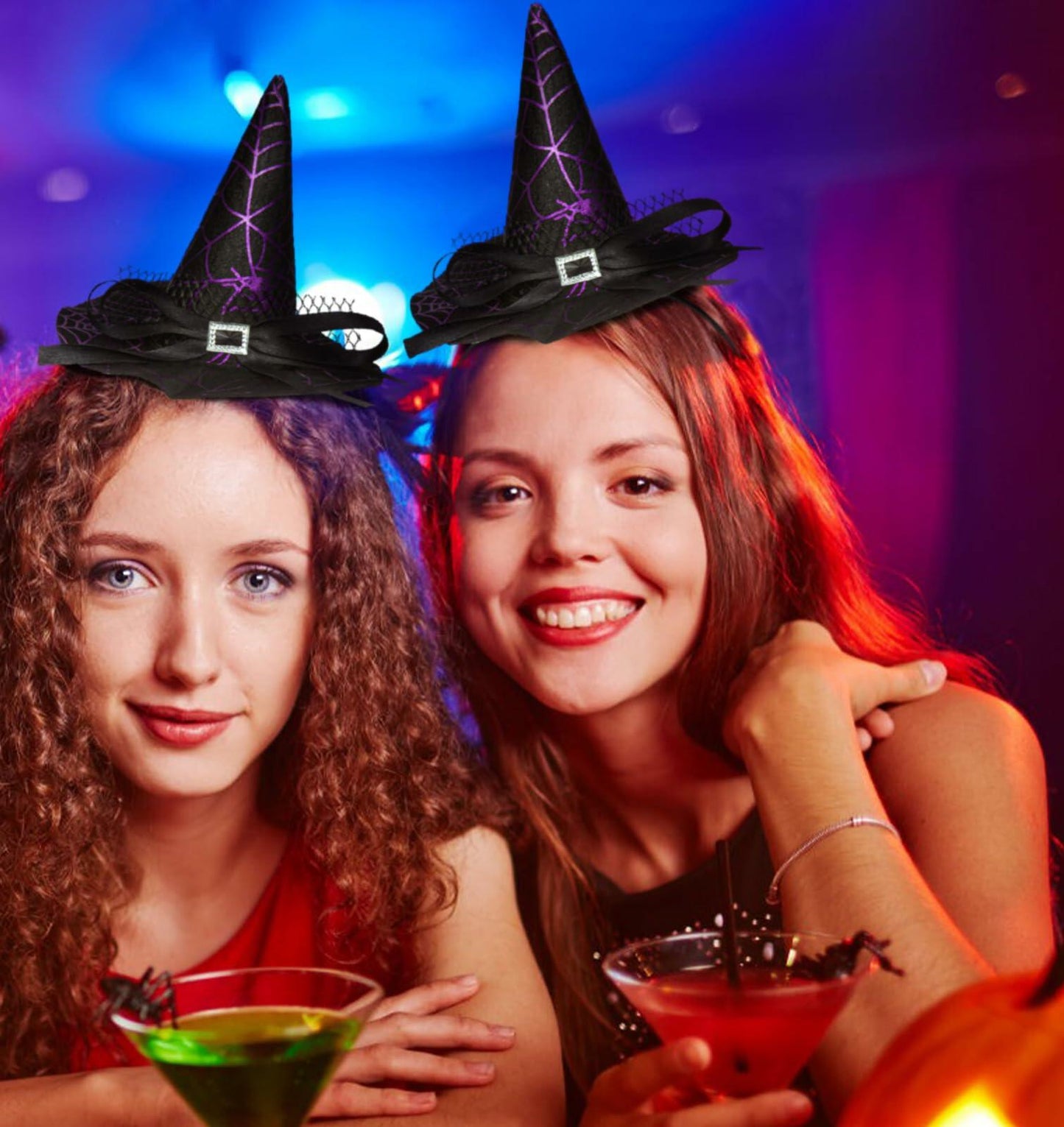 Edoneery Halloween Witch Hat Headband with Veil Feathers Purple for Women