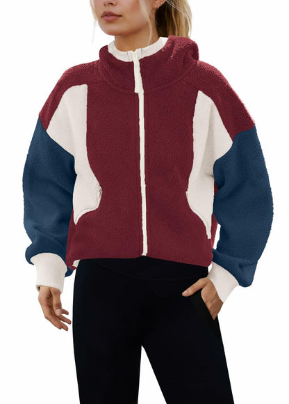 Panadila Womens Fuzzy Fleece Zip Up Oversized Hoodie Burgundy Navy Combo Size M