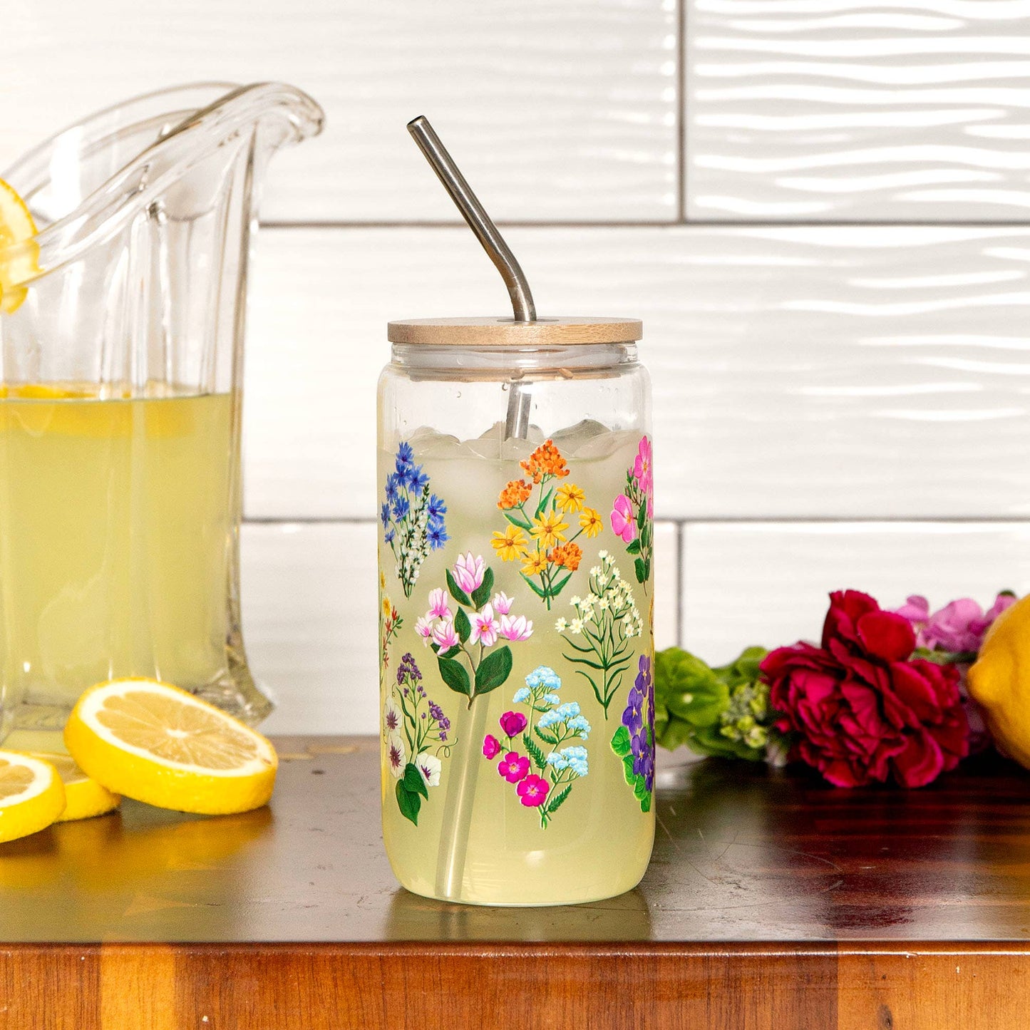 Vintage Blooms Floral Glass Can