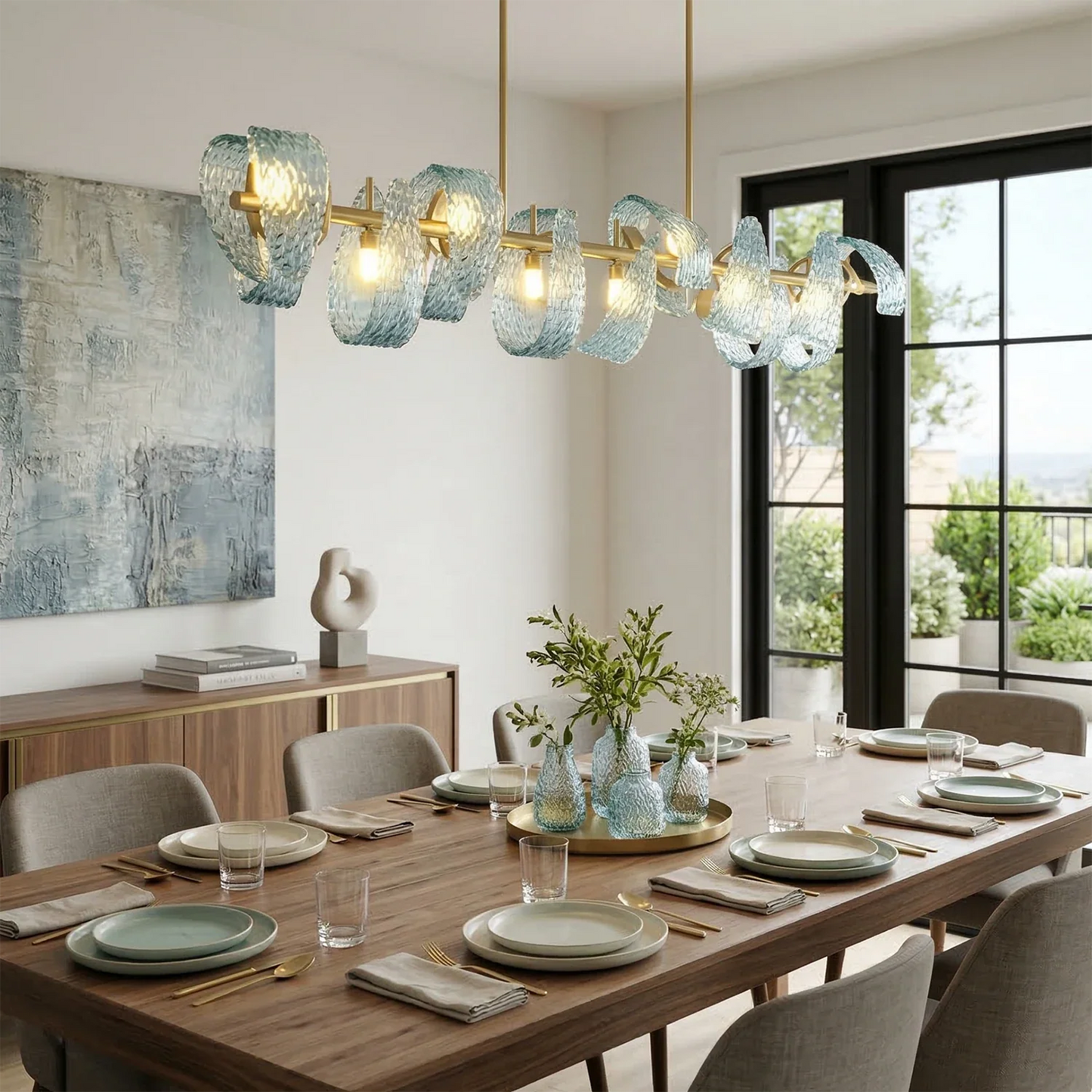 Peacock Blue Petal Art Glass Chandelier