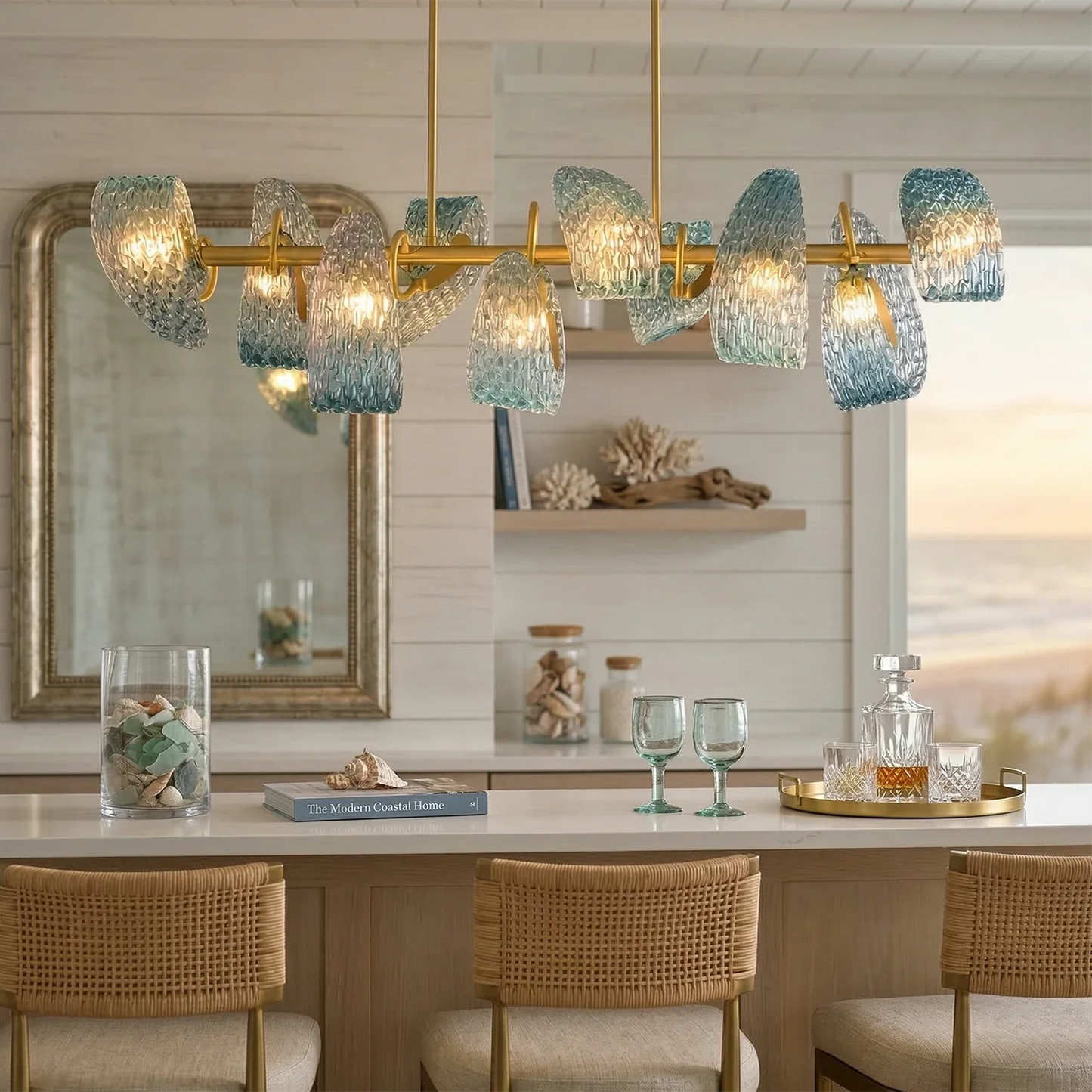 Peacock Blue Petal Art Glass Chandelier