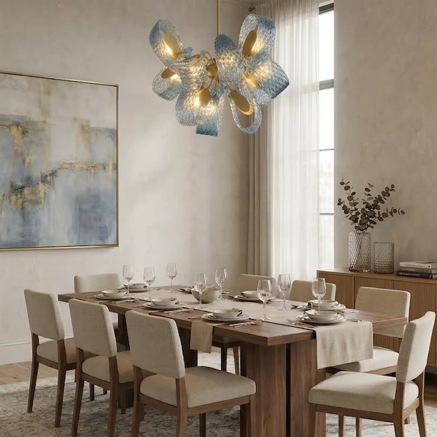Peacock Blue Petal Art Glass Chandelier