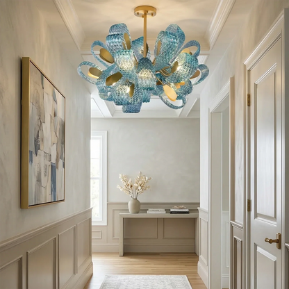 Peacock Blue Petal Art Glass Chandelier