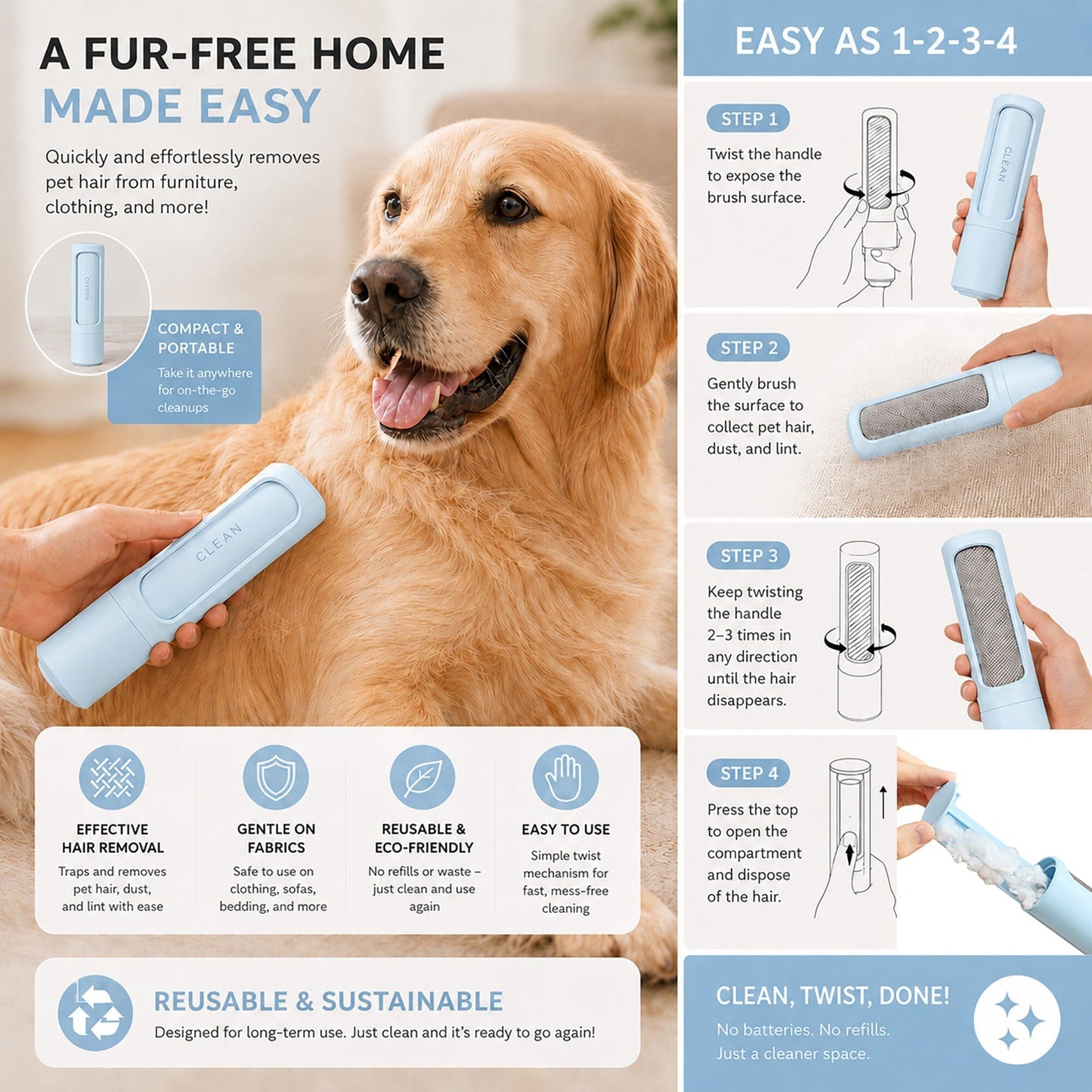 Pet Life ® 'Orotund' Magical Lint and Pet Hair Removal Brush