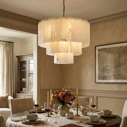 Rectangular Alabaster Multi Layered Round Chandelier