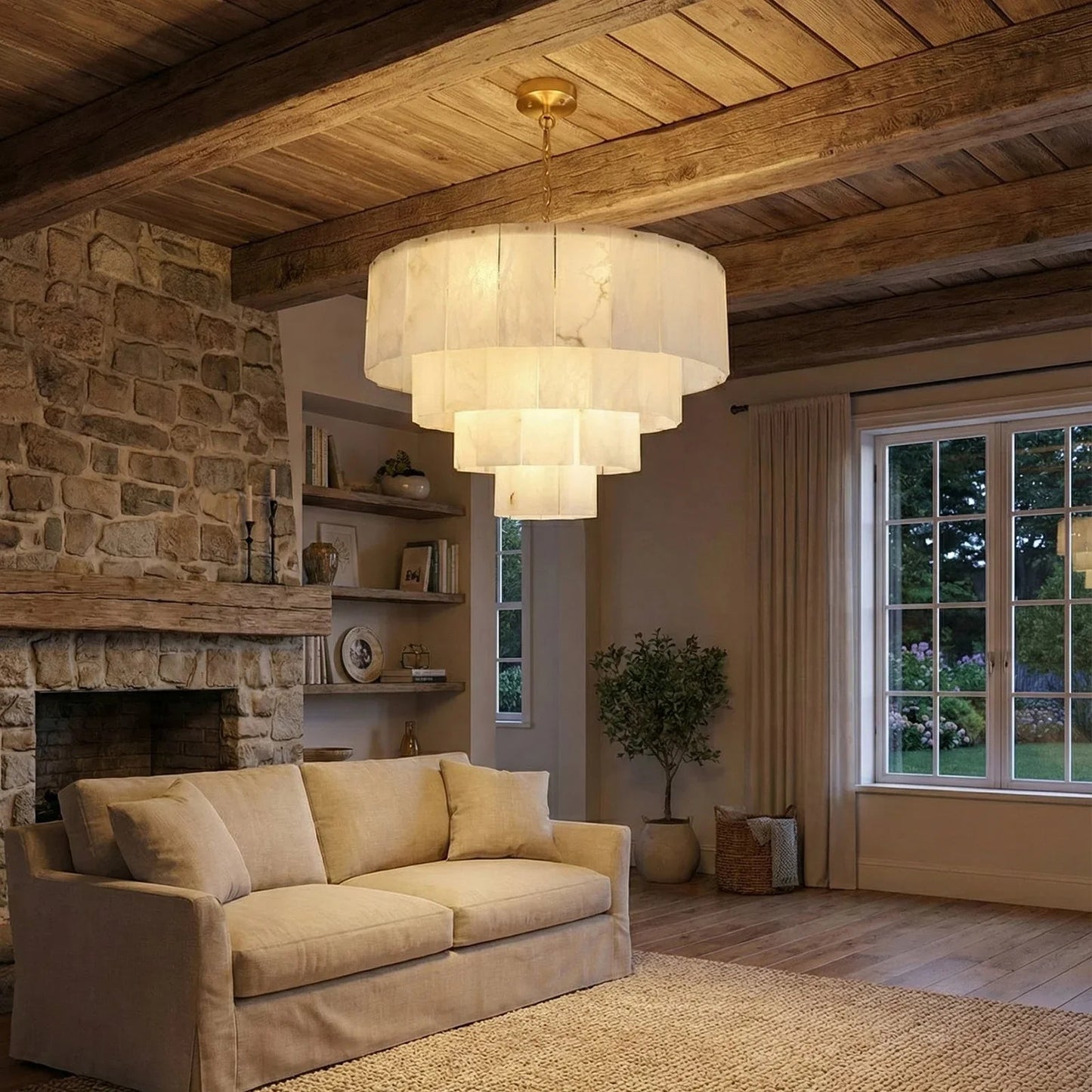 Rectangular Alabaster Multi Layered Round Chandelier