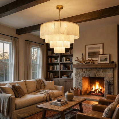 Rectangular Alabaster Multi Layered Round Chandelier