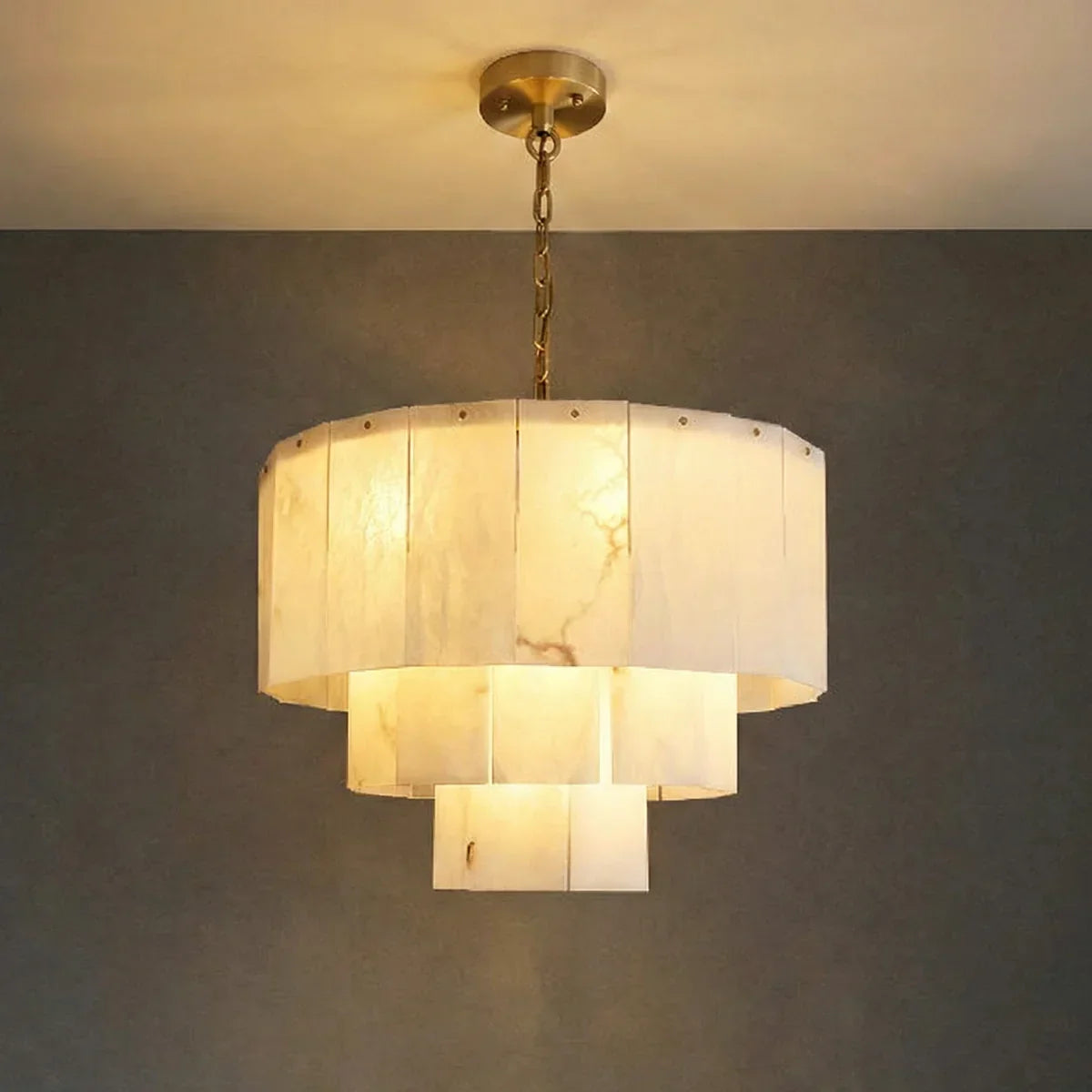 Rectangular Alabaster Multi Layered Round Chandelier