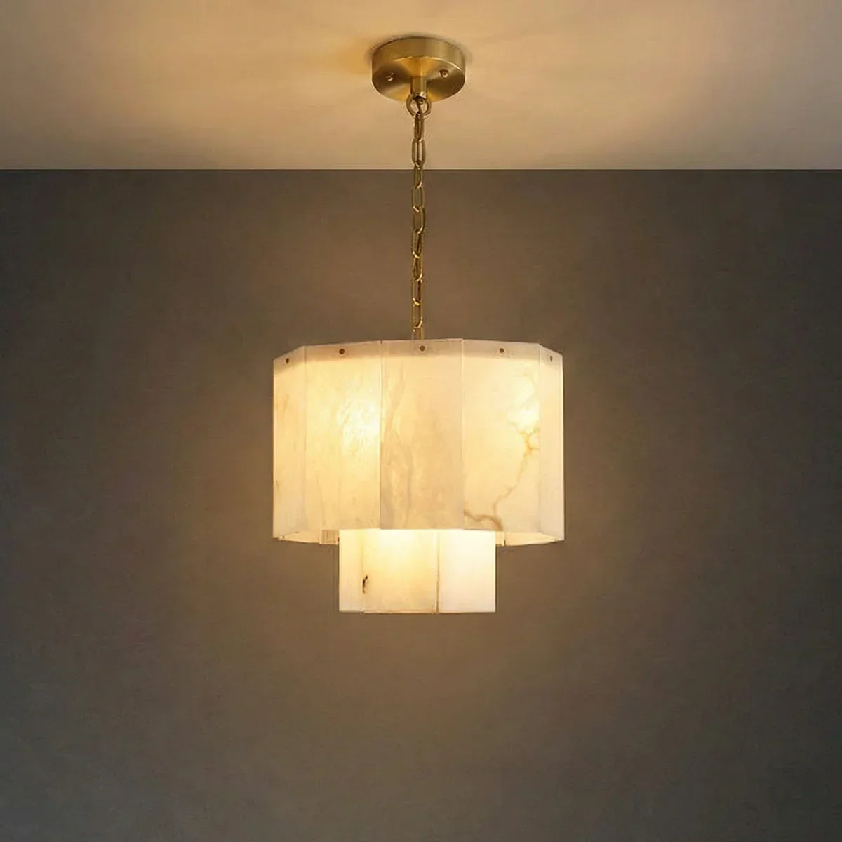 Rectangular Alabaster Multi Layered Round Chandelier