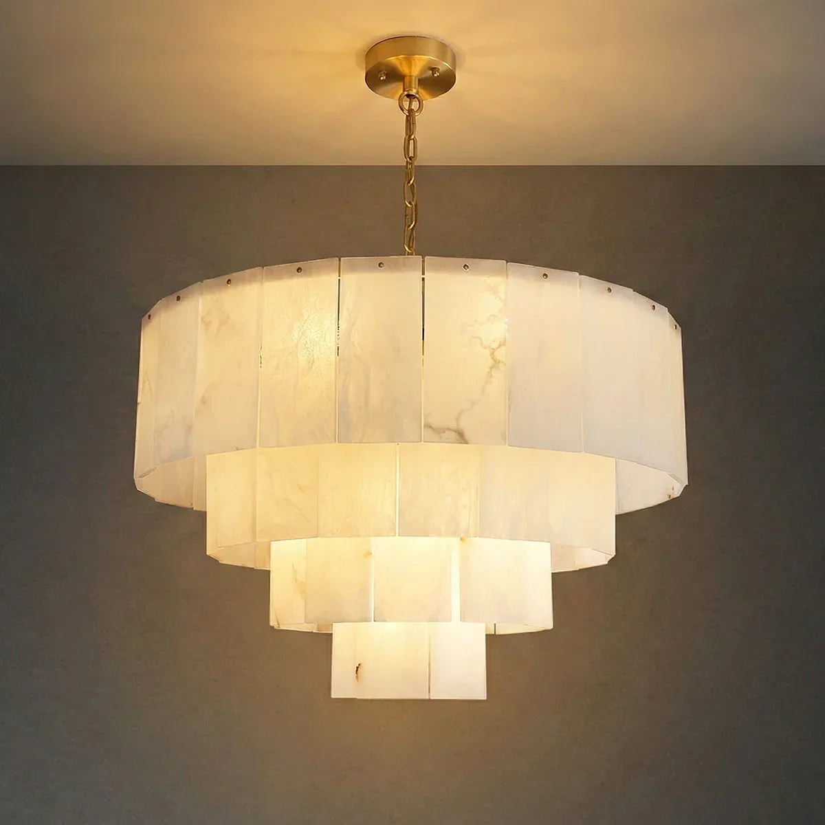 Rectangular Alabaster Multi Layered Round Chandelier