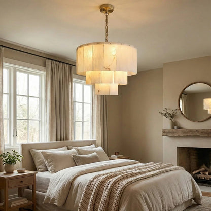 Rectangular Alabaster Multi Layered Round Chandelier