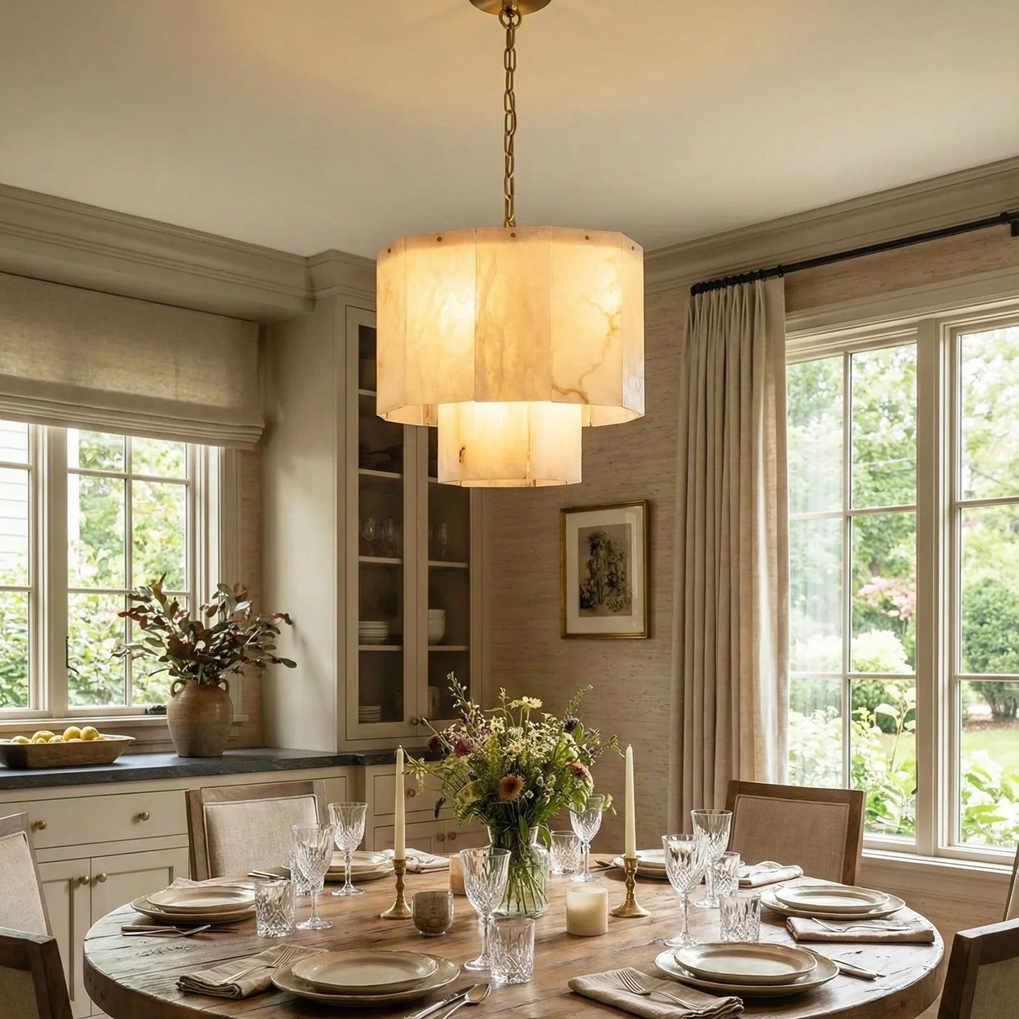 Rectangular Alabaster Multi Layered Round Chandelier