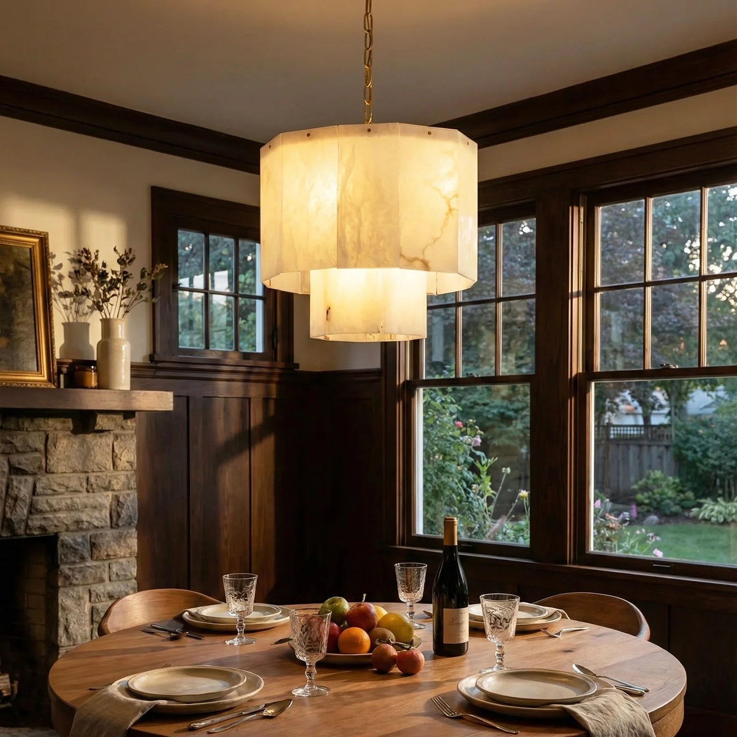 Rectangular Alabaster Multi Layered Round Chandelier