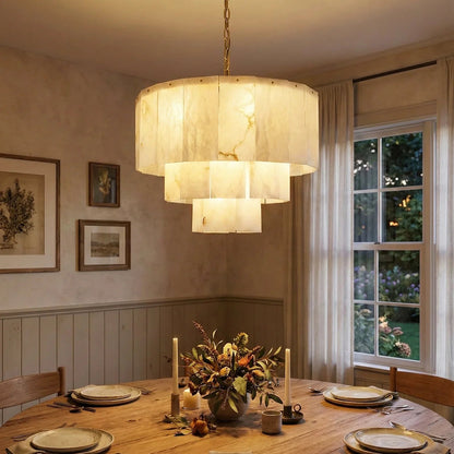 Rectangular Alabaster Multi Layered Round Chandelier