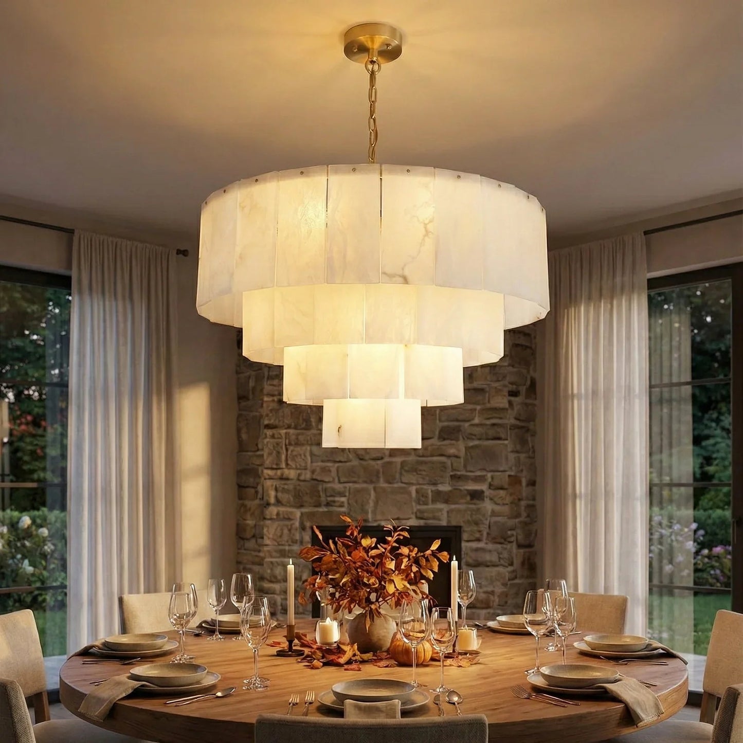 Rectangular Alabaster Multi Layered Round Chandelier