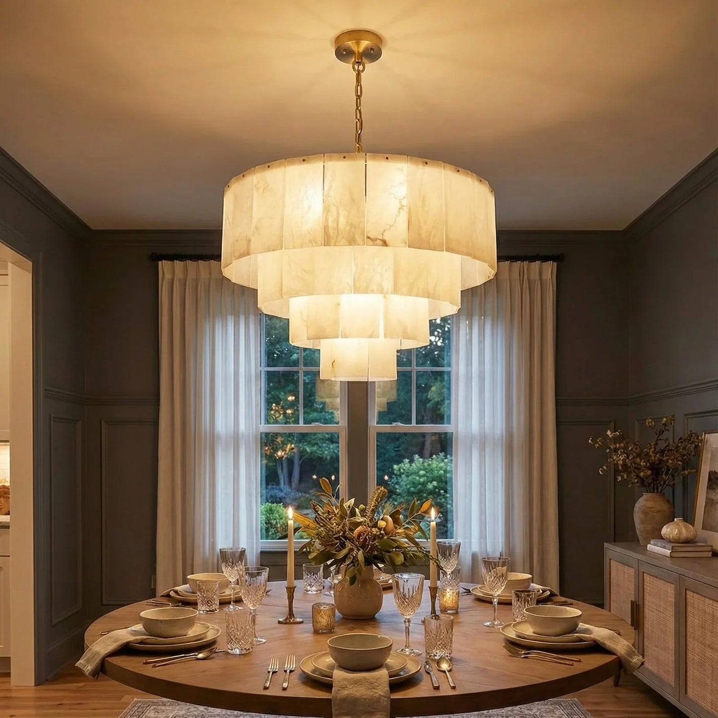 Rectangular Alabaster Multi Layered Round Chandelier