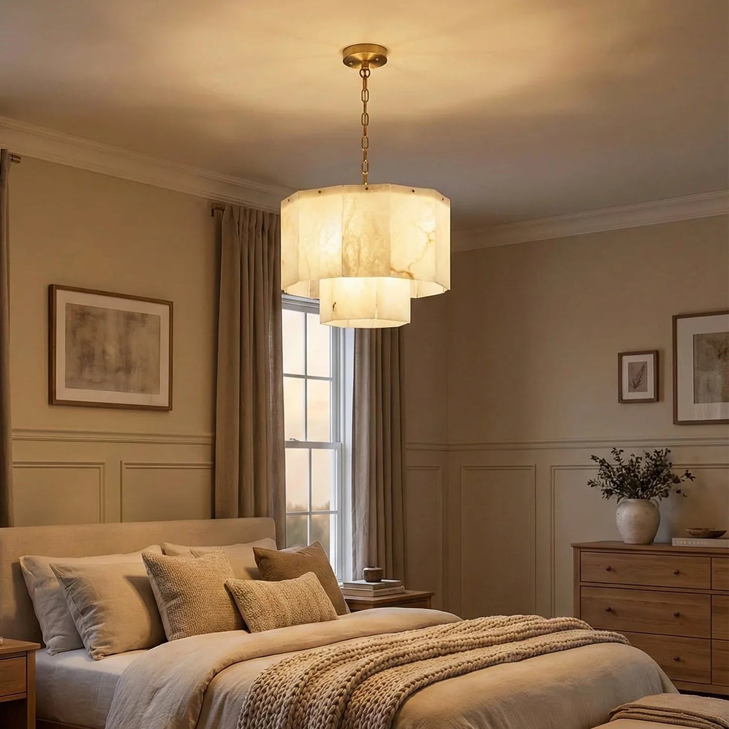 Rectangular Alabaster Multi Layered Round Chandelier