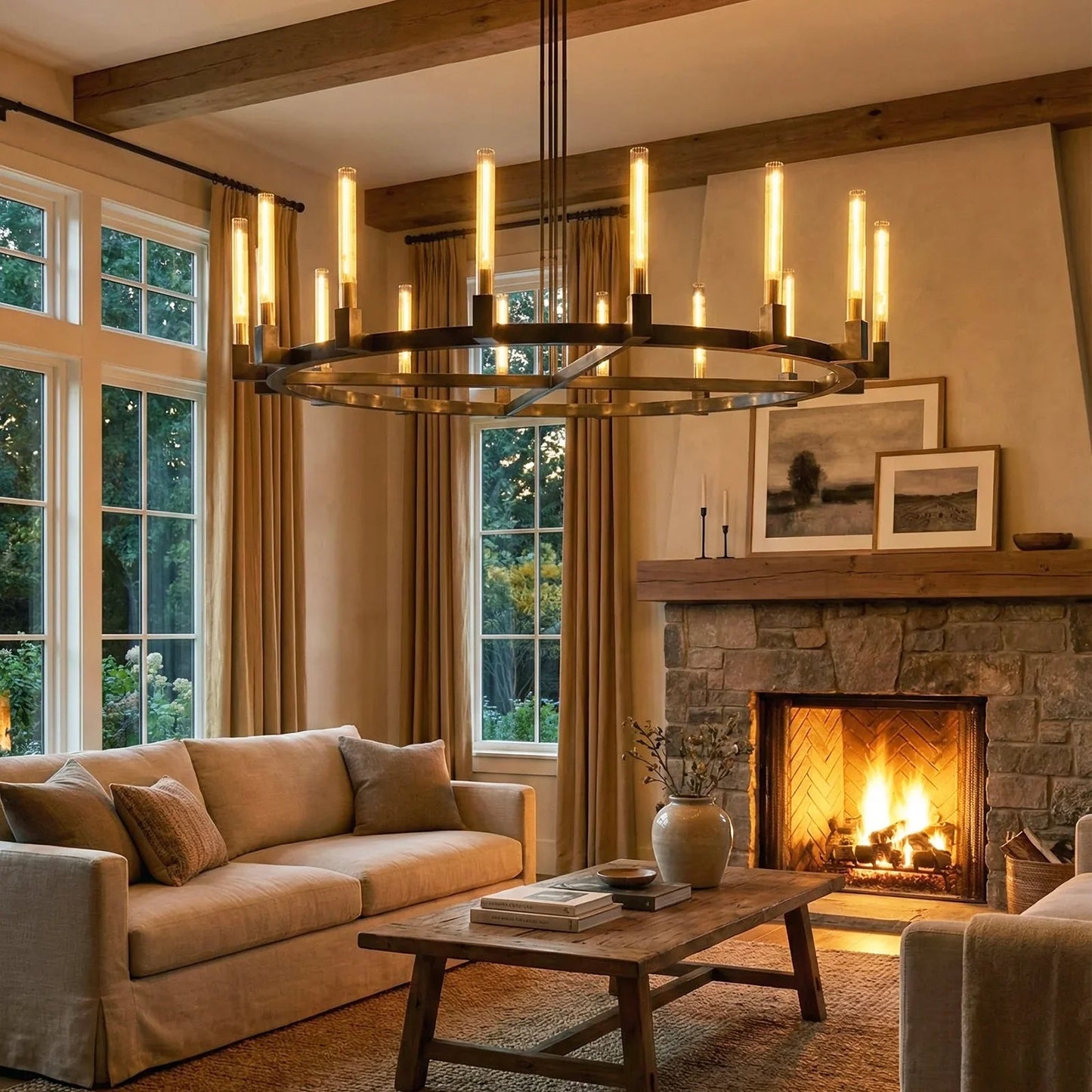 Round Brass Linear Chandelier