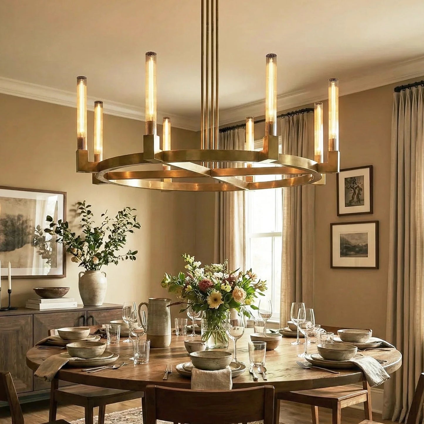 Round Brass Linear Chandelier