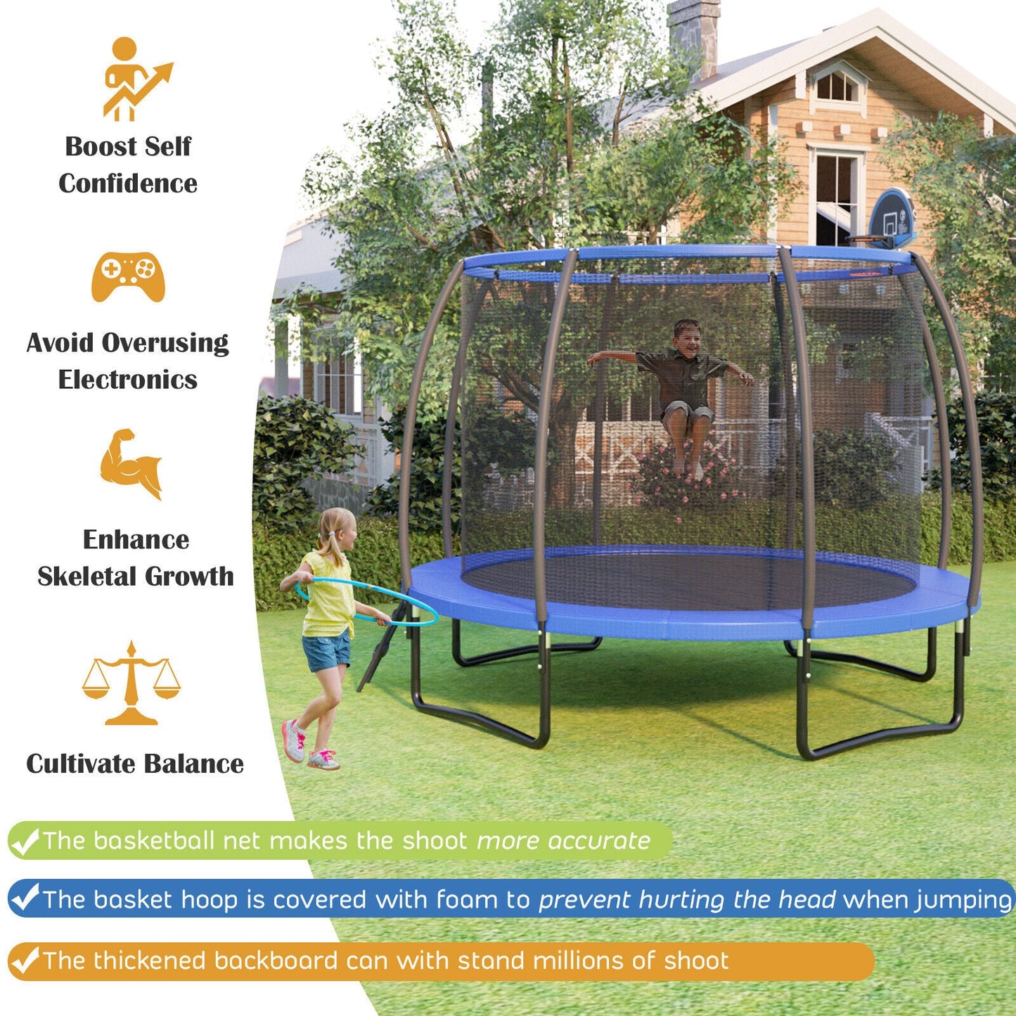8/10 Feet Recreational Trampoline with Basketball Hoop