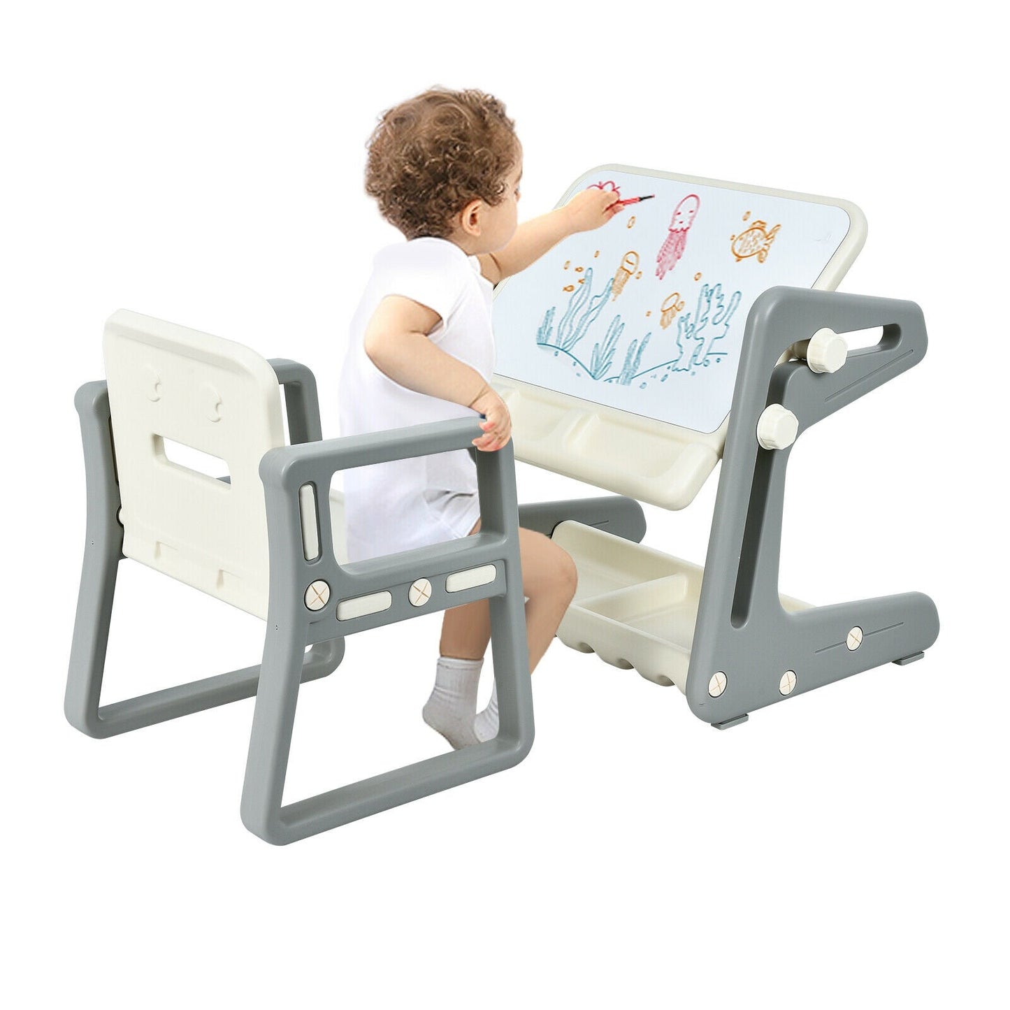 2 in 1 Kids Easel Table and Chair Set with Adjustable Art Painting Board