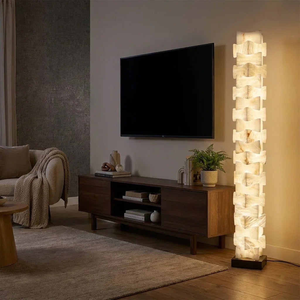Sculptural Stacked Alabaster Totem Floor Lamp