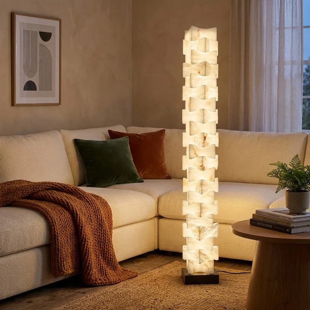 Sculptural Stacked Alabaster Totem Floor Lamp