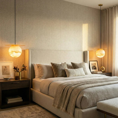 Spherical Alabaster Borra Disc Pendant Light