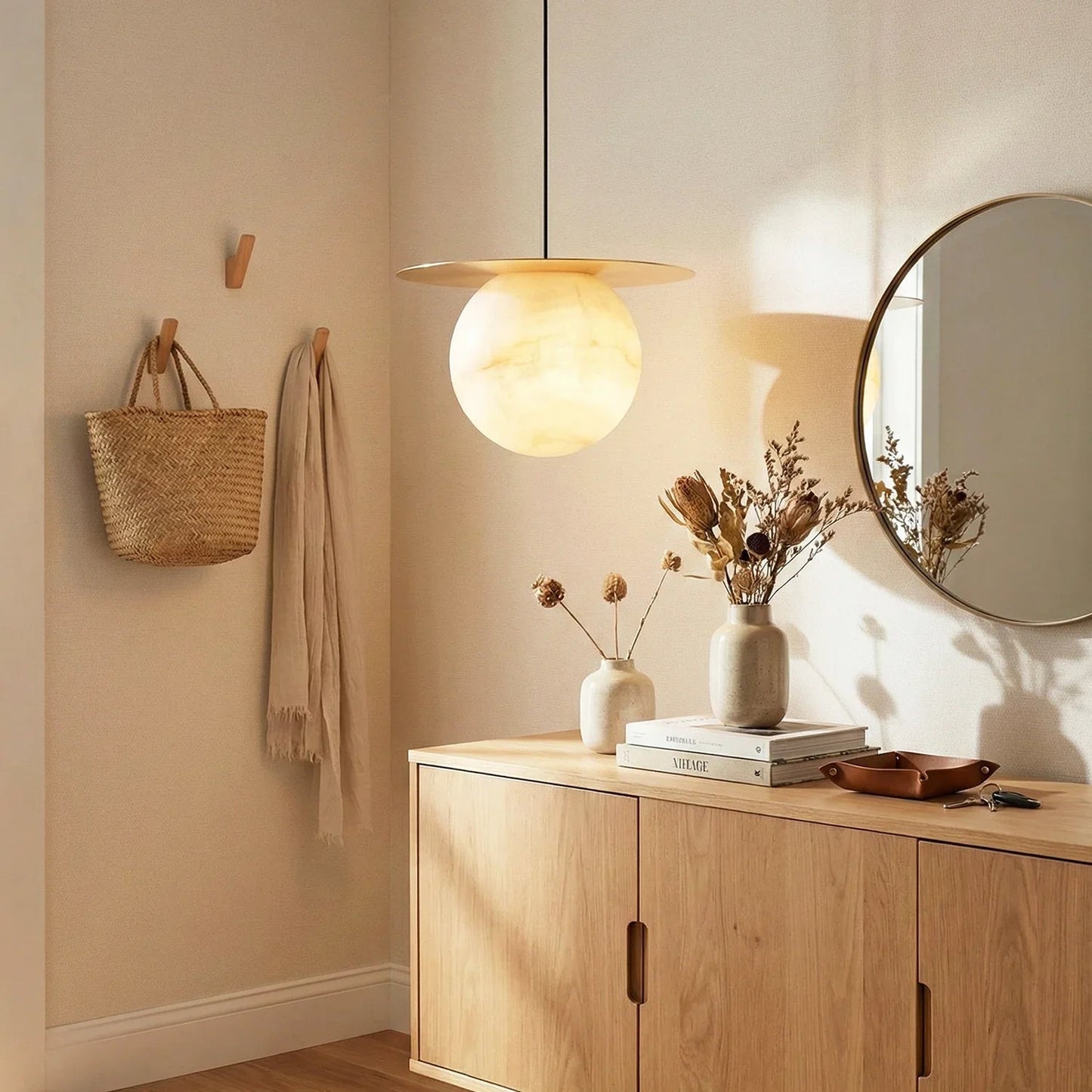 Spherical Alabaster Borra Disc Pendant Light