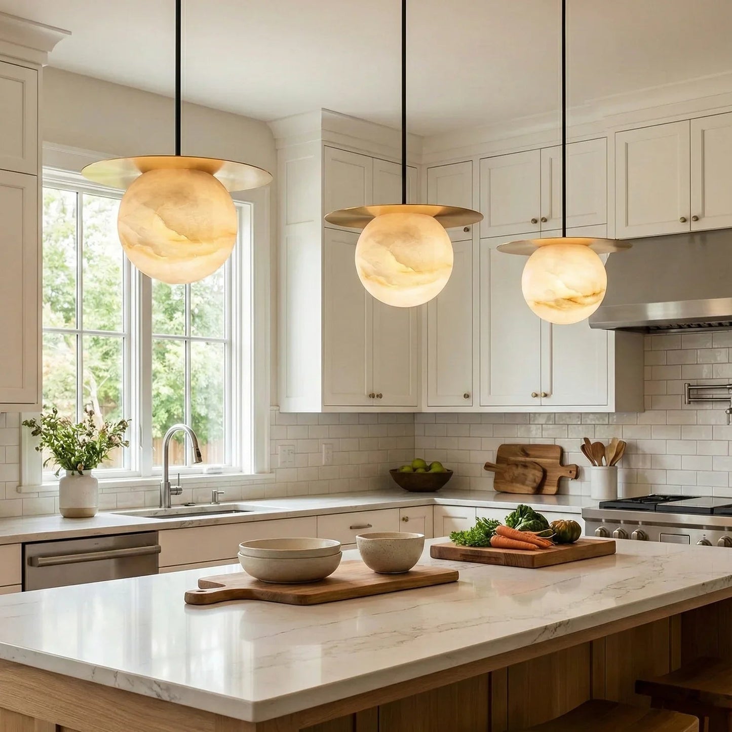 Spherical Alabaster Borra Disc Pendant Light