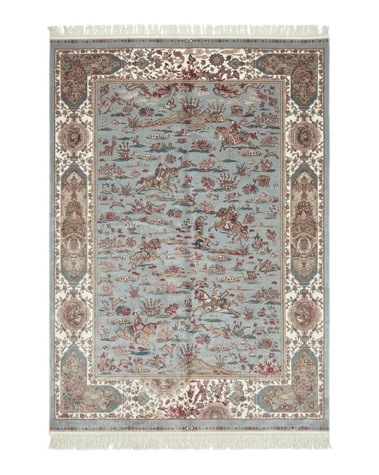 Turkish Silk Rug 5x7, Hunting Design, Animal Pictorials, Bamboo Silk