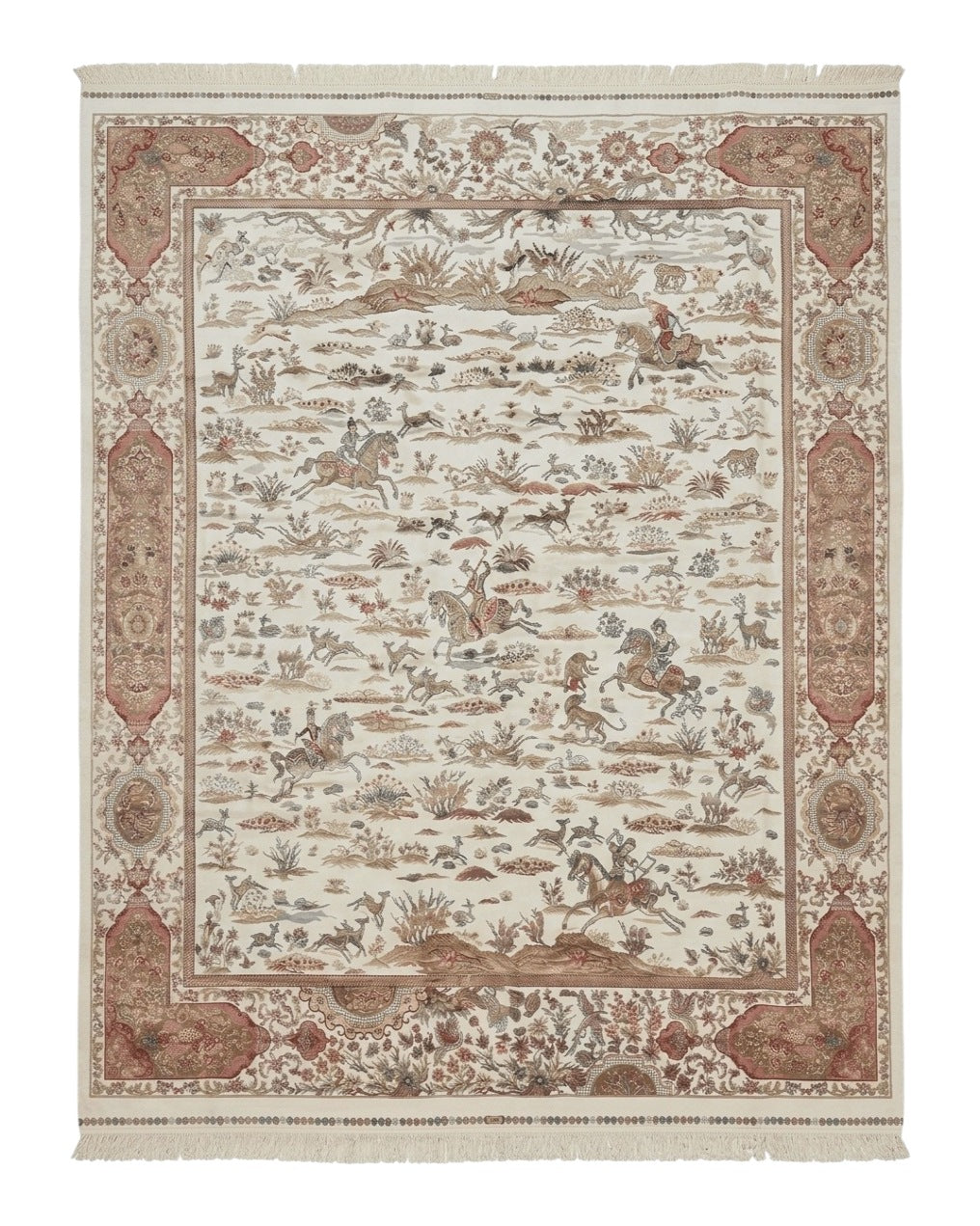 Large Turkish Silk Rug 8x10, Ivory, Hunting Design, Bamboo Silk, New